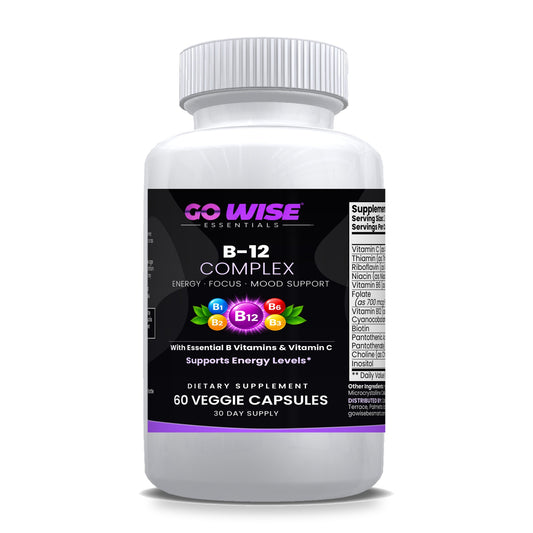 Go Wise B-12 Complex 2000mcg — Super B Complex with Folate, Biotin, B1, B2, B3, B5, B6 & Vitamin C for Energy & Focus — 