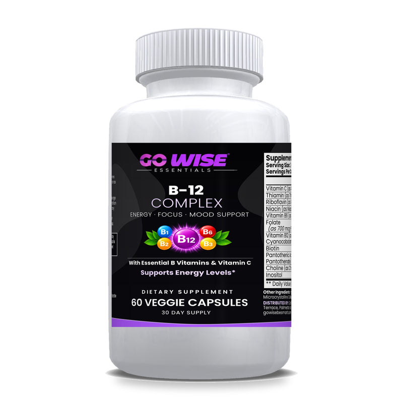 Go Wise B-12 Complex 2000mcg — Super B Complex with Folate, Biotin, B1, B2, B3, B5, B6 & Vitamin C for Energy & Focus — 