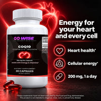 Go Wise CoQ10 200mg — Coenzyme Q10 Ubiquinone for Heart Health, Cellular Energy & Antioxidant Support — One a Day — 30 C