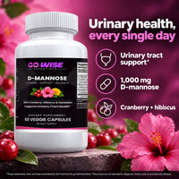 Go Wise D-Mannose 1000mg with Cranberry, Hibiscus & Dandelion — Urinary Tract Health Support for Women & Men — 60 Veggie