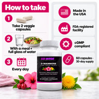 Go Wise D-Mannose 1000mg with Cranberry, Hibiscus & Dandelion — Urinary Tract Health Support for Women & Men — 60 Veggie