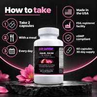 Go Wise Hair, Skin & Nails — Biotin 5,000 mcg Beauty Support Complex with Iron, Zinc, Horsetail & Bamboo — 60 Capsules