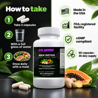 Go Wise Max Detox 1532mg — Fiber-First Formula with Psyllium Husk, Slippery Elm, Cape Aloe, Chlorella & Papaya — 60 Caps