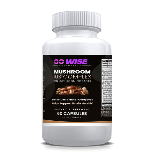 Go Wise Mushroom 10X Complex — Lion's Mane, Reishi, Cordyceps, Shiitake, Turkey Tail & Chaga — Focus & Immune Support — 