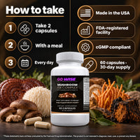 Go Wise Mushroom 10X Complex — Lion's Mane, Reishi, Cordyceps, Shiitake, Turkey Tail & Chaga — Focus & Immune Support — 