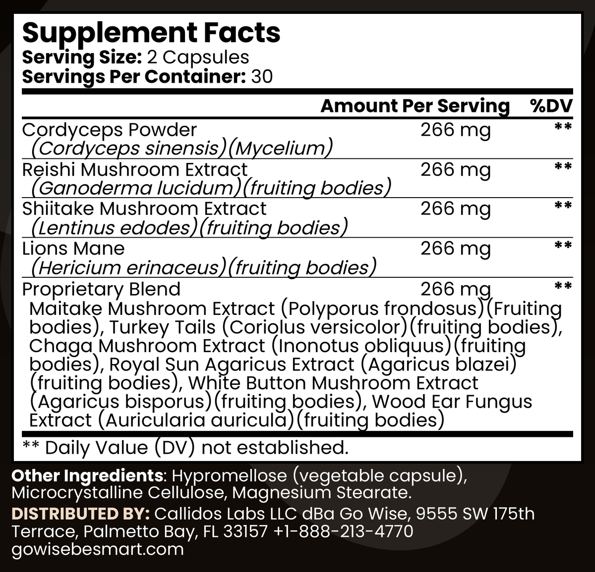 Go Wise Mushroom 10X Complex Supplement Facts