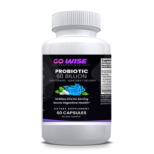 Go Wise Probiotic 60 Billion CFU — 4 Named Strains with MAKTREK Bi-Pass Delivery & FOS Prebiotic for Digestive, Gut Flor
