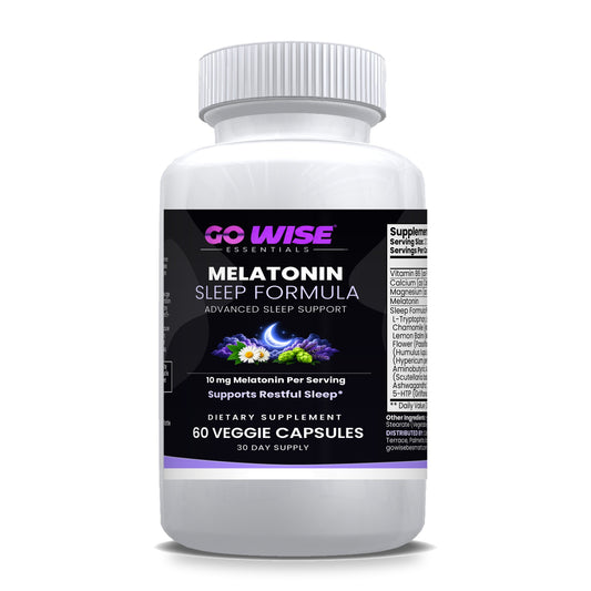 Go Wise Melatonin 10mg Sleep Formula — Melatonin with GABA, L-Theanine, Chamomile & Magnesium for Restful Sleep — 60 Veg