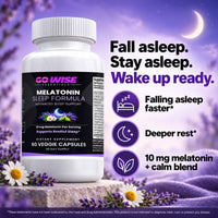 Go Wise Melatonin 10mg Sleep Formula — Melatonin with GABA, L-Theanine, Chamomile & Magnesium for Restful Sleep — 60 Veg