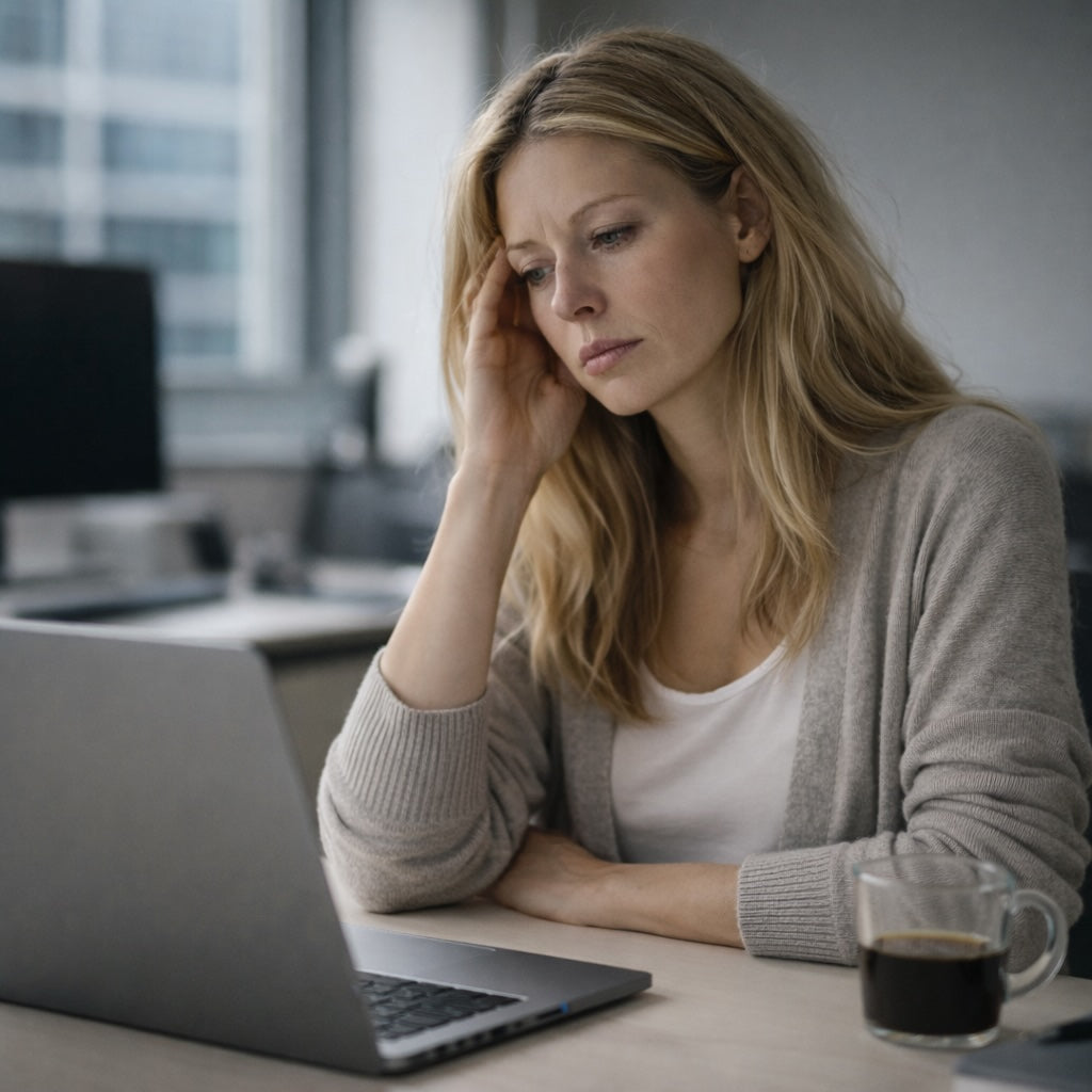 Woman sitting at a desk with a laptop and a cup of coffee, appearing stressed.