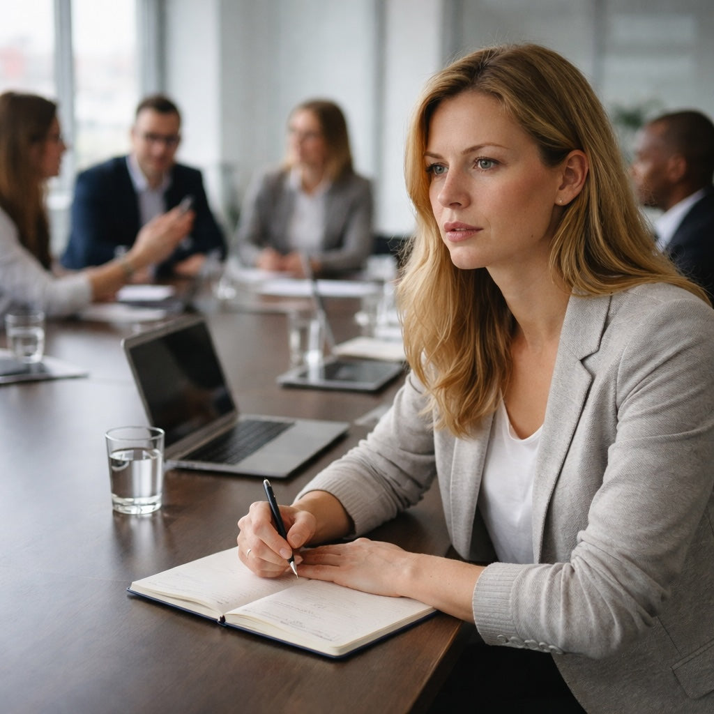 Woman sitting at a conference table with colleagues in a meeting room.
