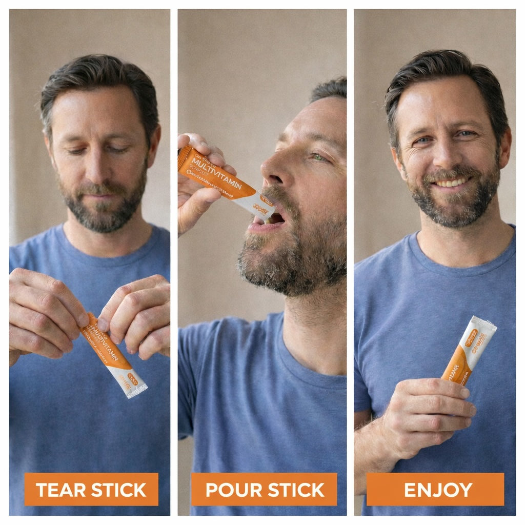 Step-by-step process of using a stick pack with a man in a blue shirt.