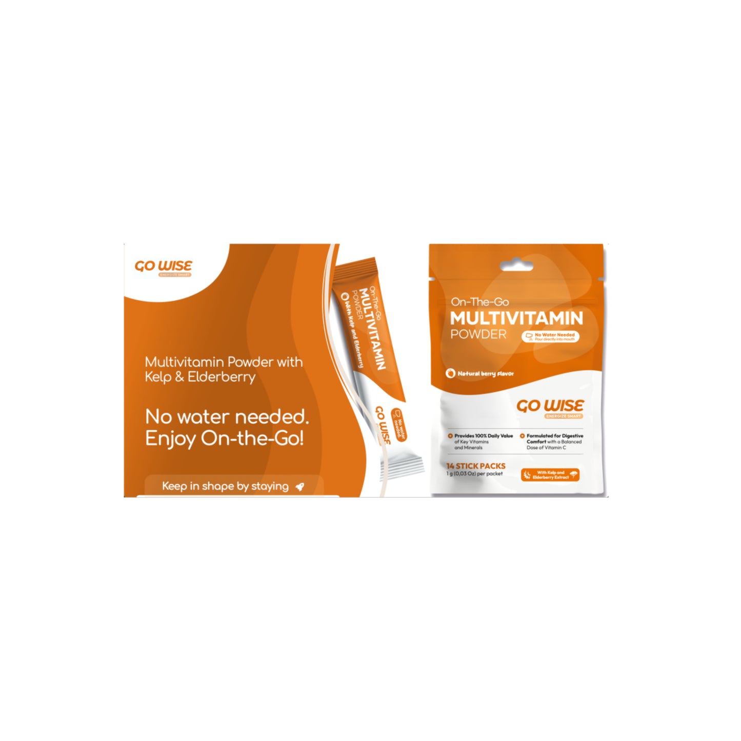 Go Wise - Multivitamin Powder Sticks - No water mixing required - Pour and Enjoy - 14  Sticks Banner