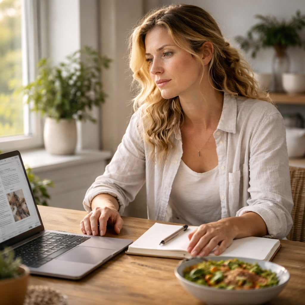 Woman sitting at a table with a laptop and a bowl of salad, surrounded by plants.