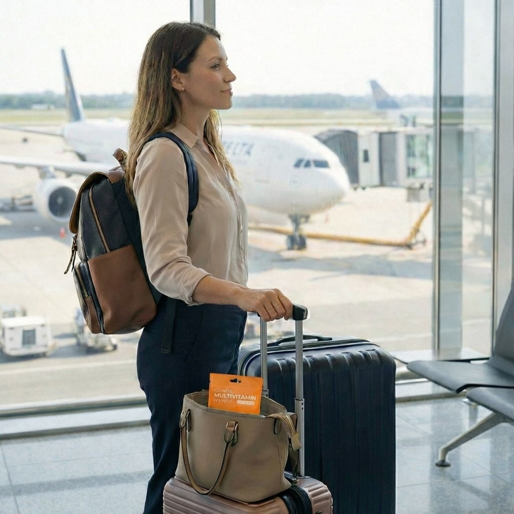 Woman with luggage at an airport, airplane visible outside