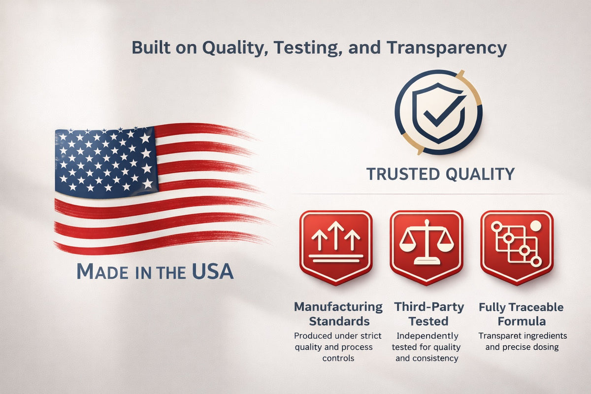 Quality assurance and transparency claims with an American flag, icons, and text on a light gray background.