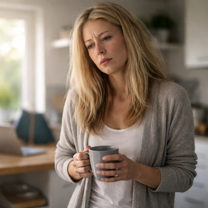 Woman holding a mug in a home setting