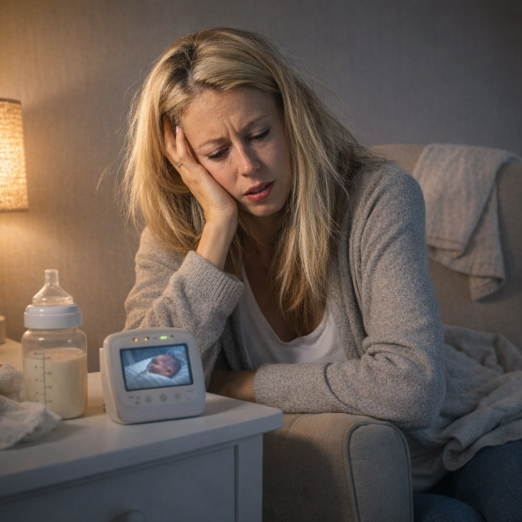 Woman sitting on a bed with a baby monitor showing a baby, in a dimly lit room.