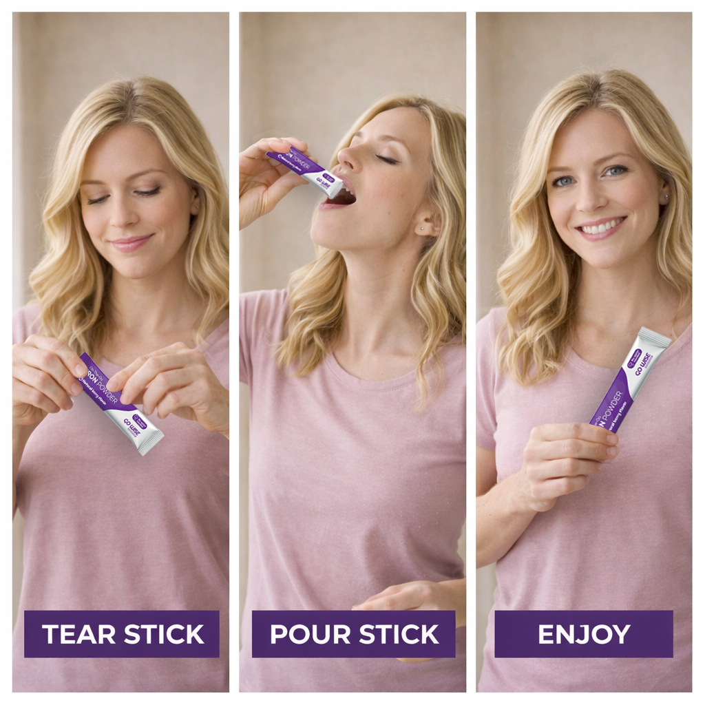 Three-panel image of a woman using a Go Wise product with on-screen text 'Tear Stick', 'Pour Stick', and 'Enjoy'.