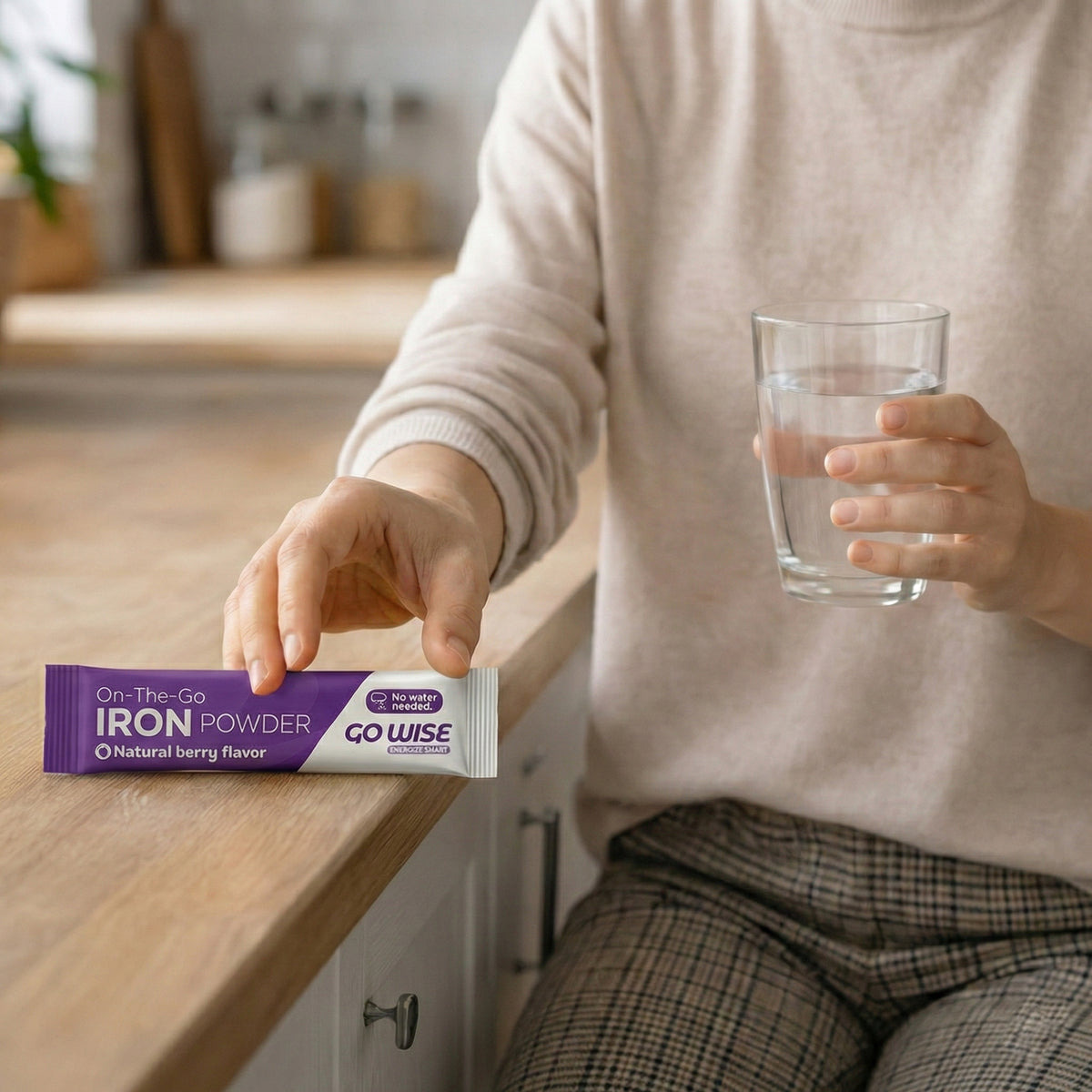 Person holding a glass of water and a package of Go Wise Iron Powder in a kitchen.