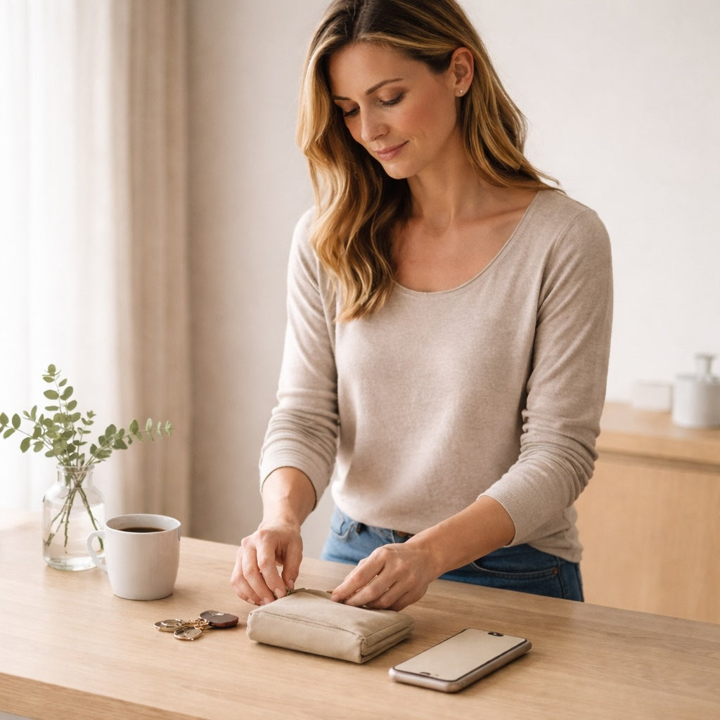 Woman folding a piece of fabric on a wooden table with a cup and phone nearby.